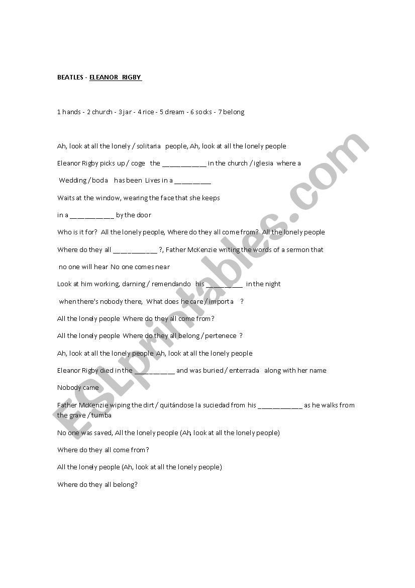 Eleanor Rigby - The Beatles worksheet