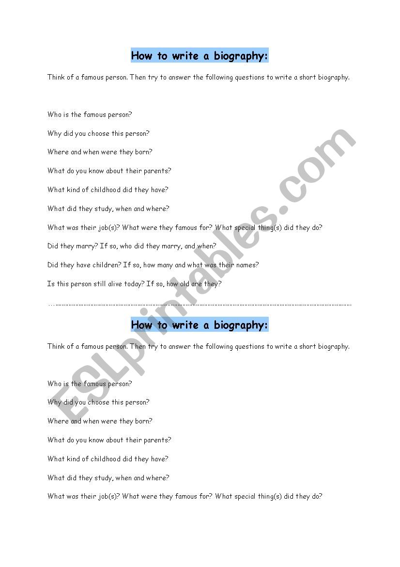 How to write a biography. worksheet
