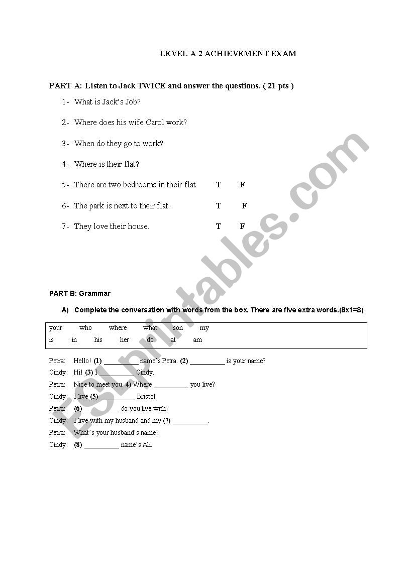 A2 test worksheet