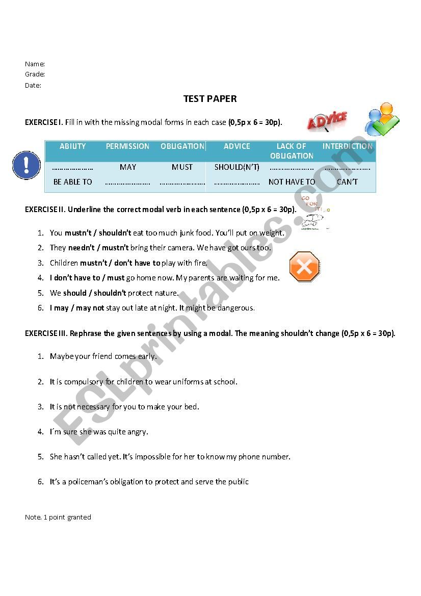 TEST PAPER MODALS worksheet