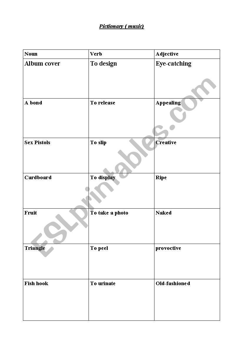 Pictionary for music students worksheet