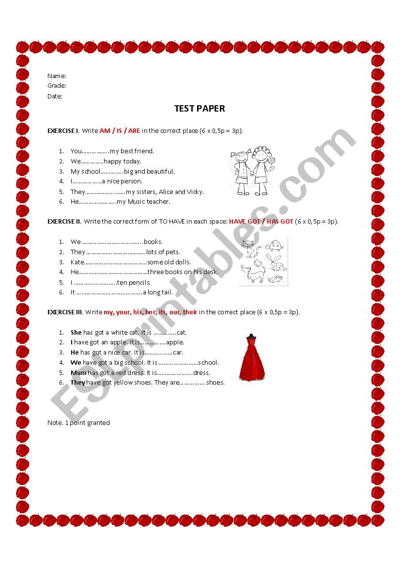 TEST PAPER TO BE / HAVE GOT / POSSESSIVES