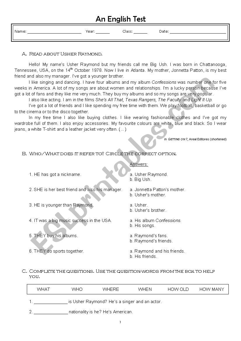 Usher Raymond worksheet