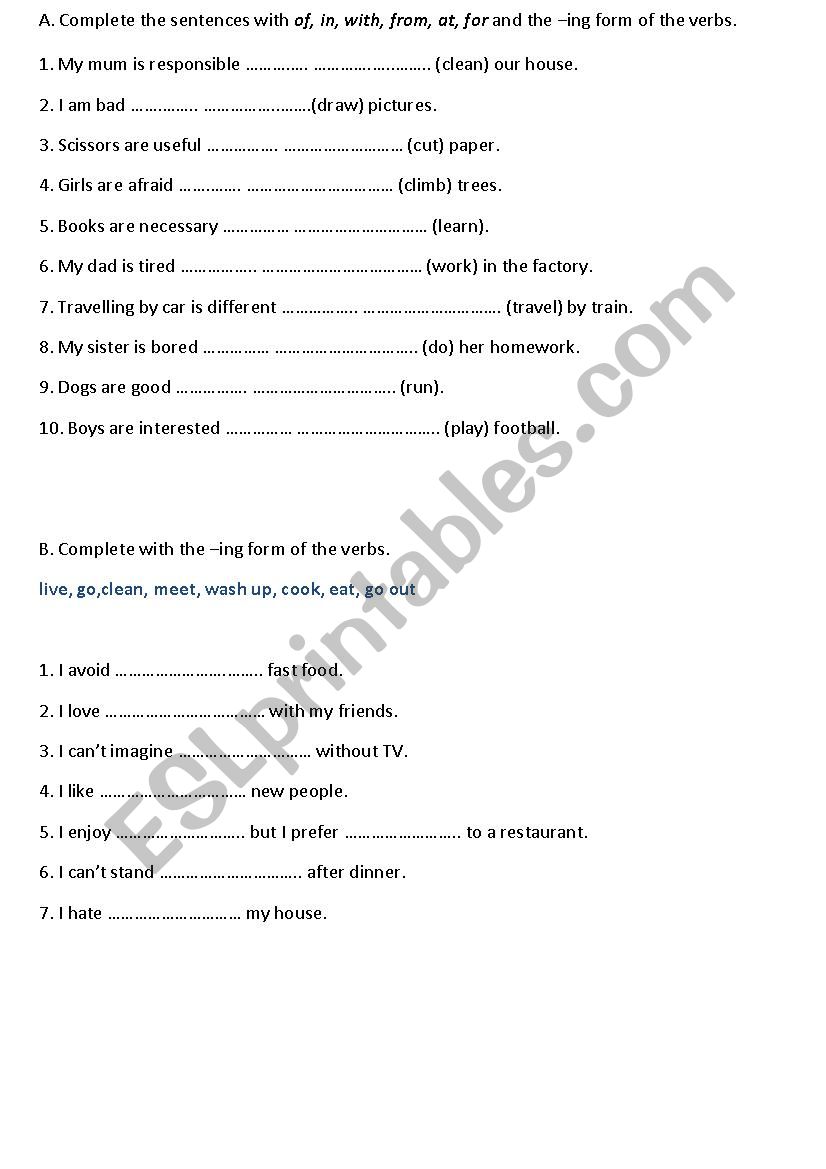 -ing form of verbs; adjectives with prepositions