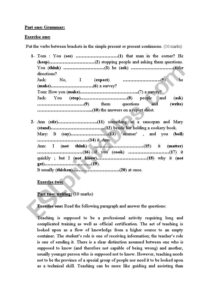 Grammar, writing and reading worksheet 