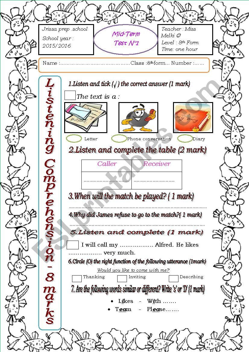 mid-term test n1 8th form worksheet