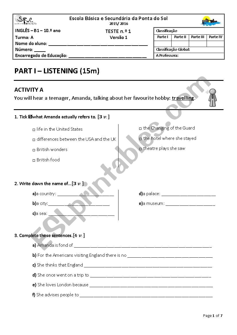 10th grade - test worksheet