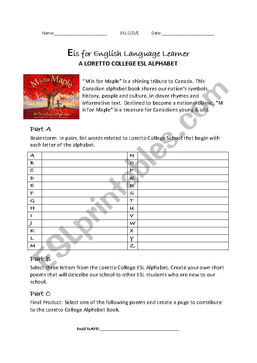 Poetry: ESL School Alphabet worksheet