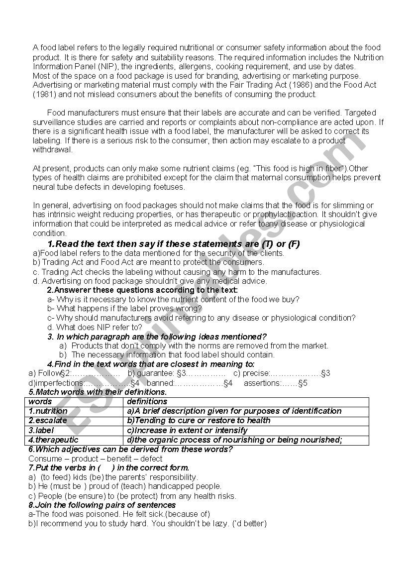 Food Safety worksheet