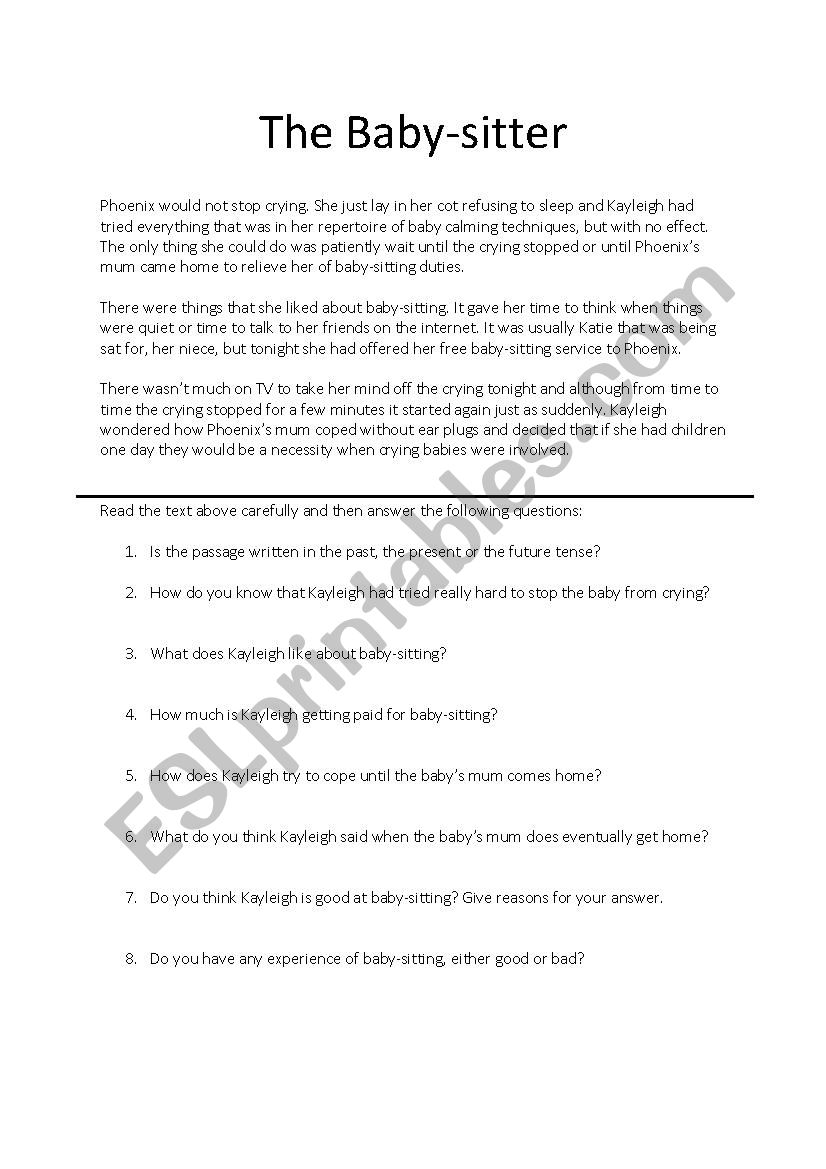 The Baby-sitter - Reading Comprehension passage and questions