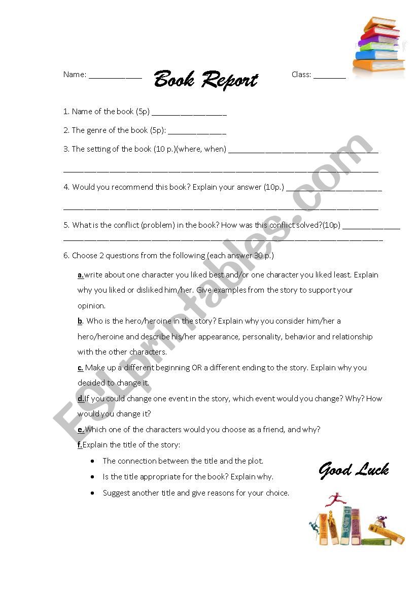 Boo Report for the 9th grade worksheet