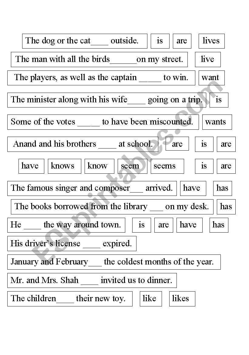 English Worksheets Subject Verb Agreement