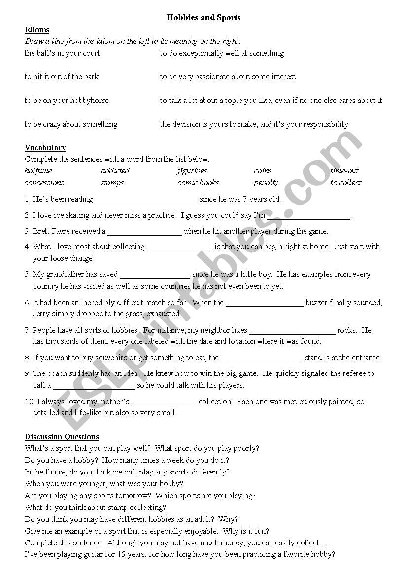 Hobbies and Sports - Worksheet and Discussion Questions