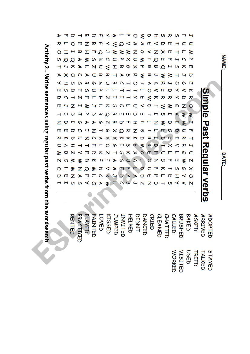 Regular past verbs word search and writing activiry