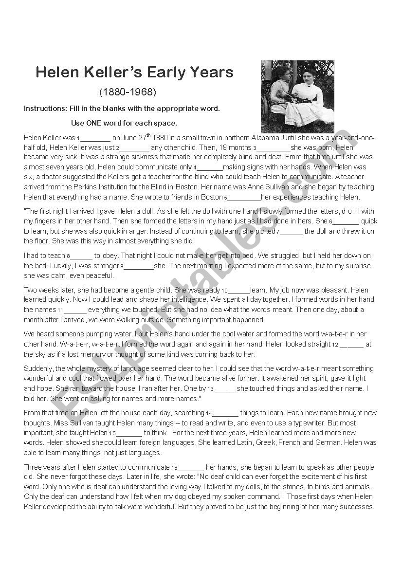 Hellen KellerÂ´s Early Years. worksheet