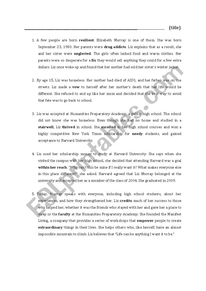 Homeless to Harvard worksheet