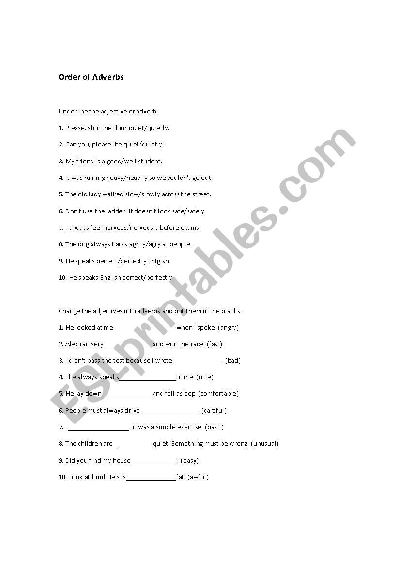 Order of Adverbs worksheet