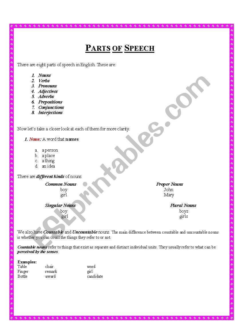 parts of speech worksheet