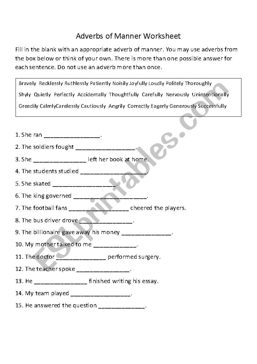 Adverbs of Manner worksheet