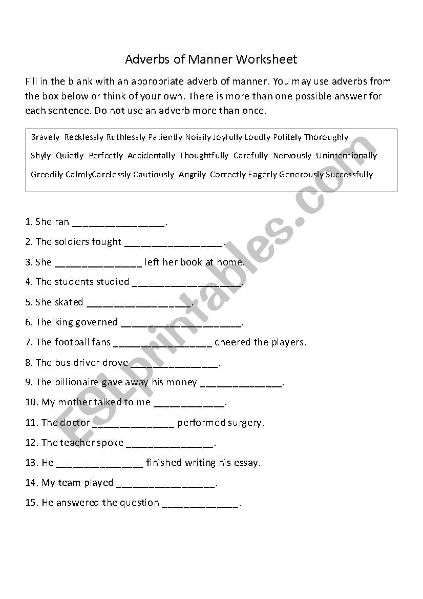 Adverbs of Manner worksheet