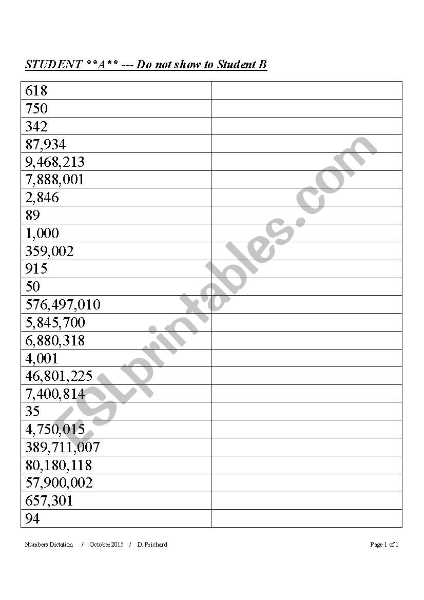 HIGH BEGINNER TO LOW INTERMEDIATE -- LARGE NUMBERS DICTATION