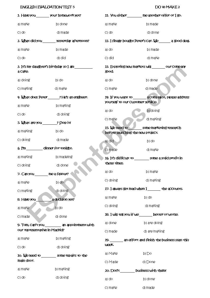 ENGLISH EVALUATION TEST 5 worksheet