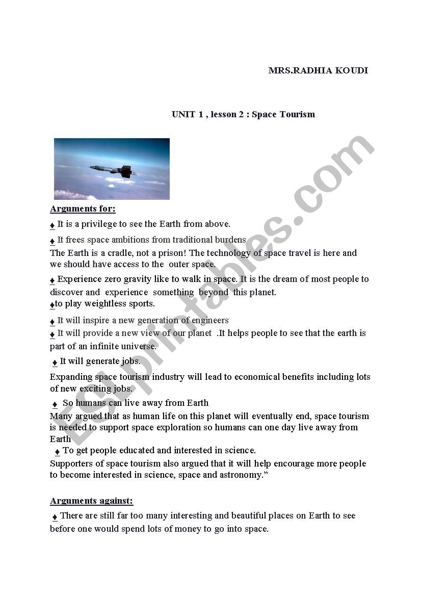 SPACE TOURISM worksheet