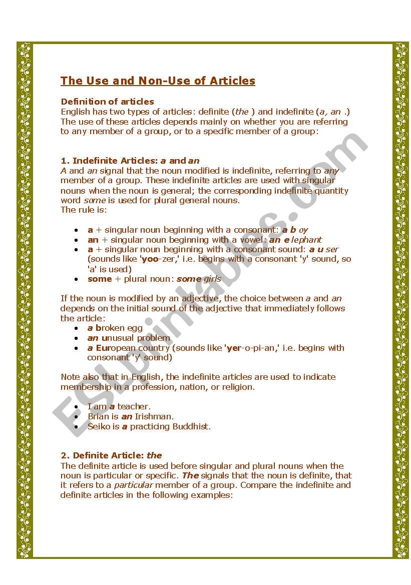 Articles worksheet