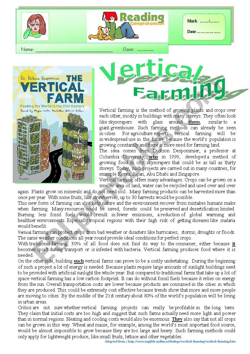 Vertical Farming - Agriculture of the future (READING) + varied comprehension ex + KEY  