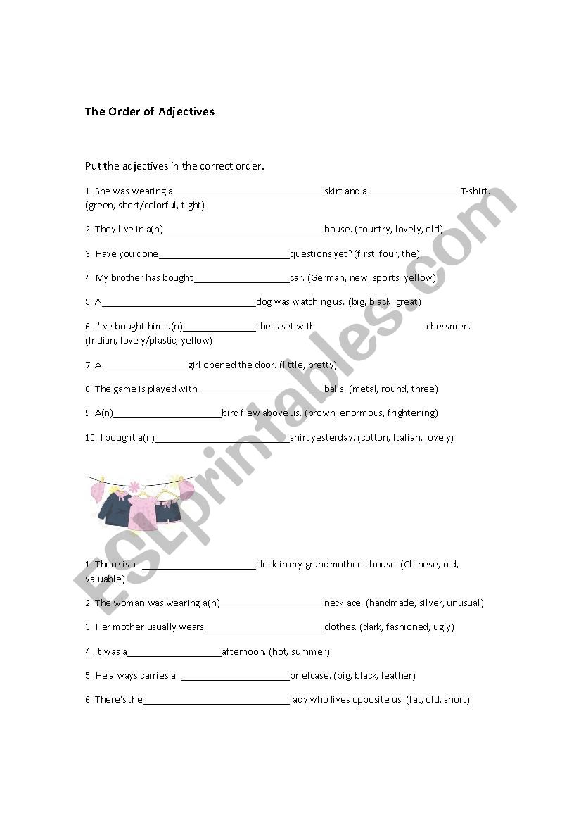 The order of adjectives worksheet