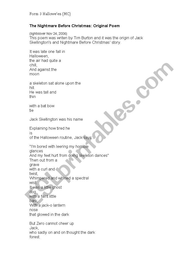 Nightmare before Christmas (Tim Burton) poem to go with the handout - Hallloween