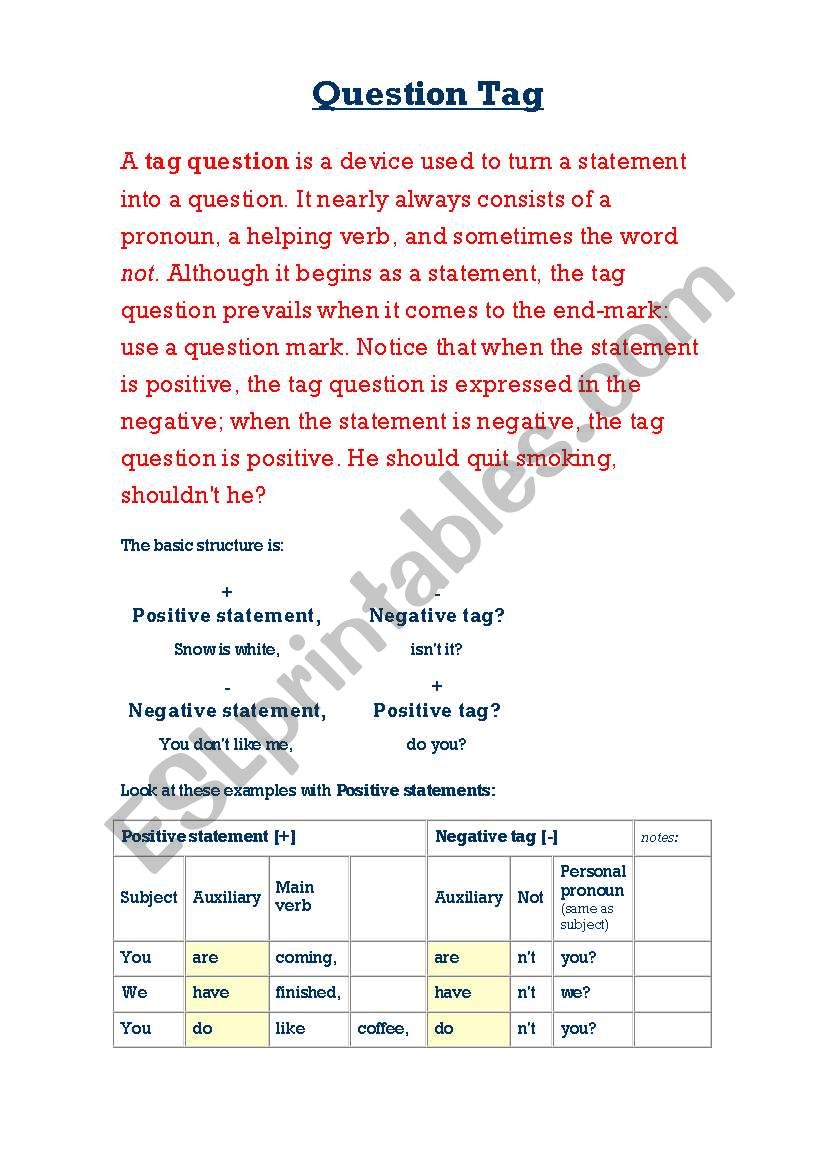 Question tag worksheet