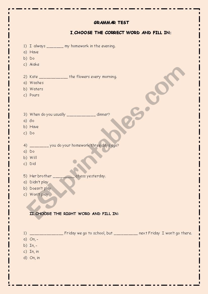 Grammar test worksheet