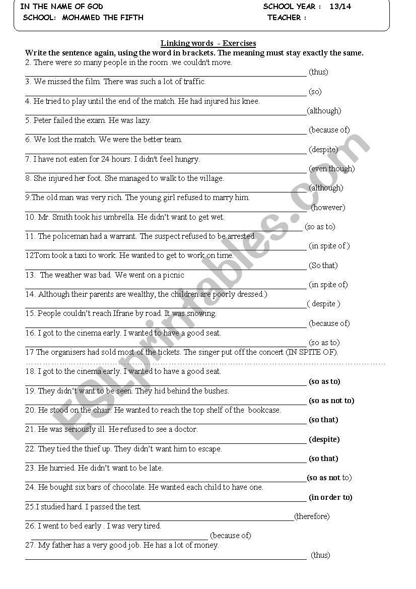 linking words exercise  worksheet