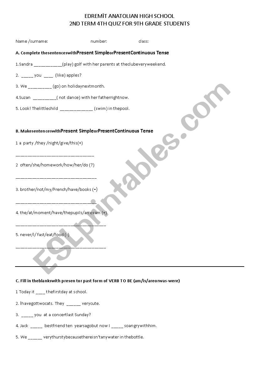 quiz for 9th grade students worksheet