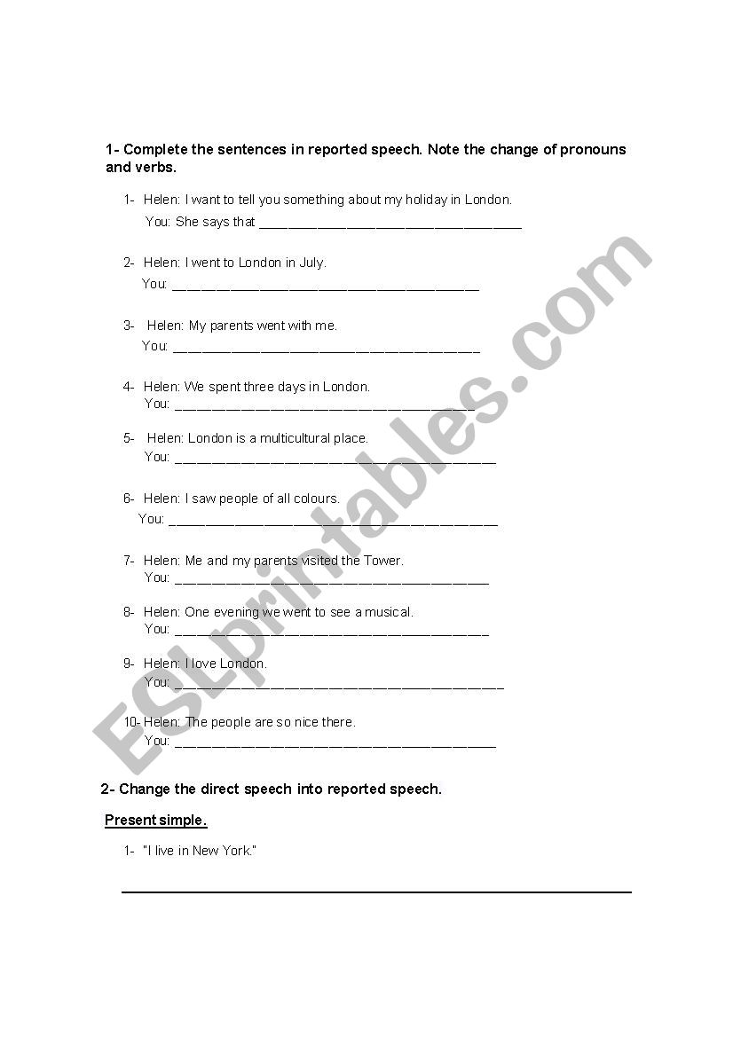 TEST REPORTED SPEECH worksheet