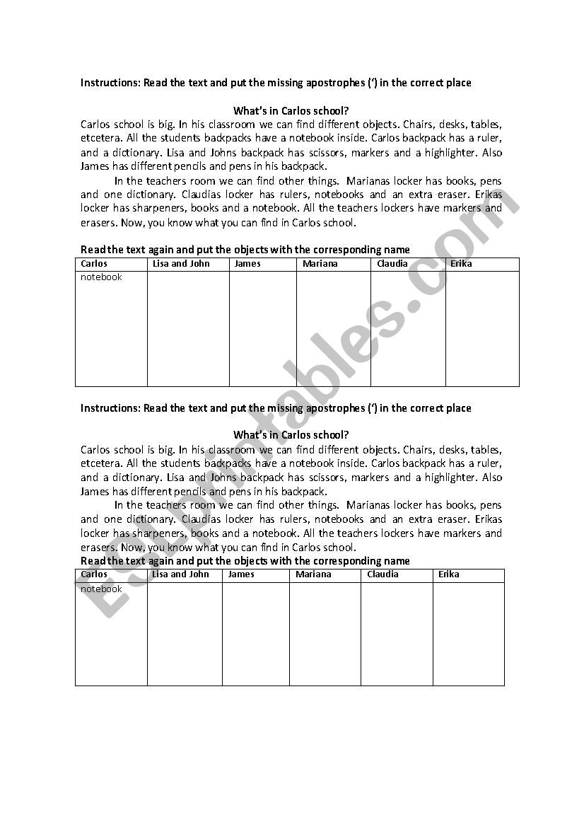 Classroom Objects worksheet