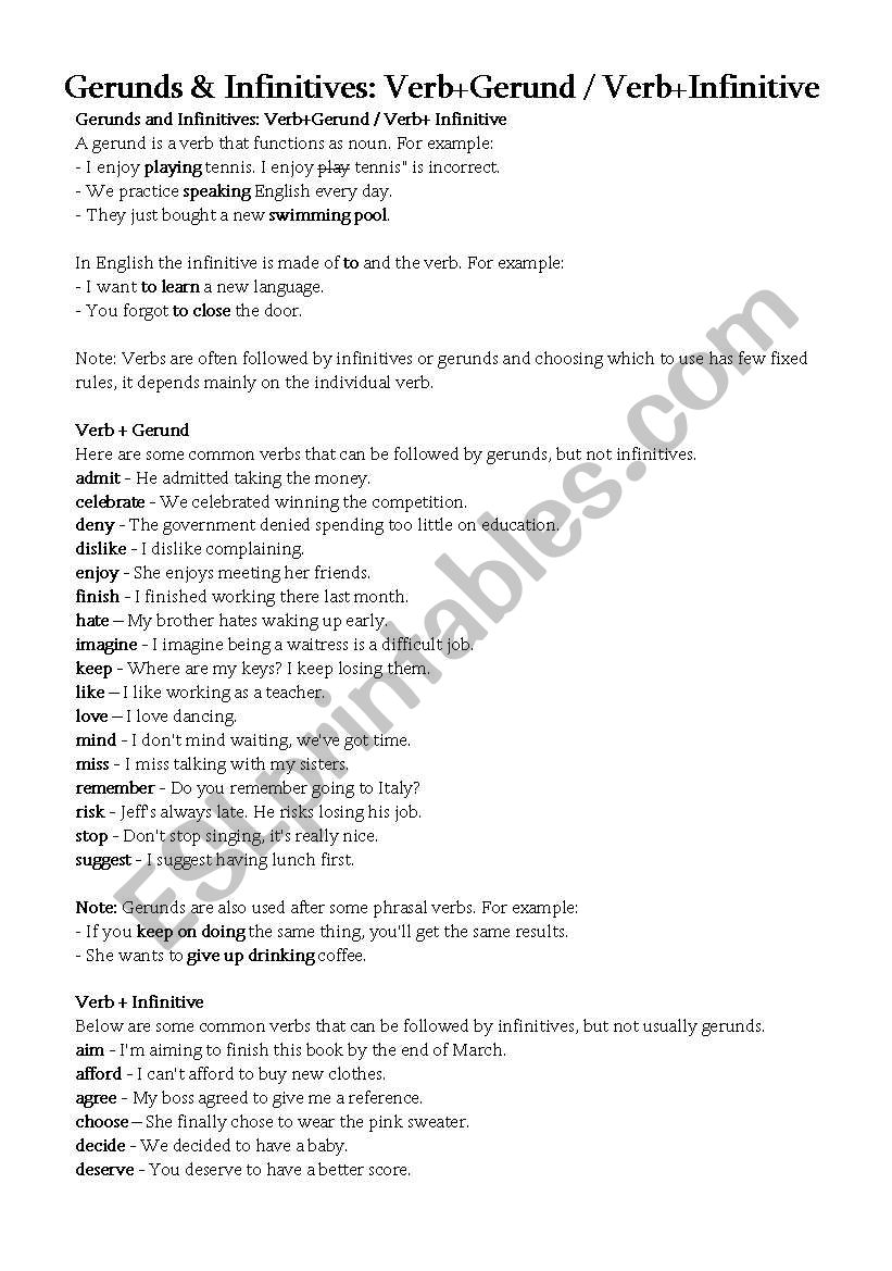 Gerunds & Infinitives worksheet