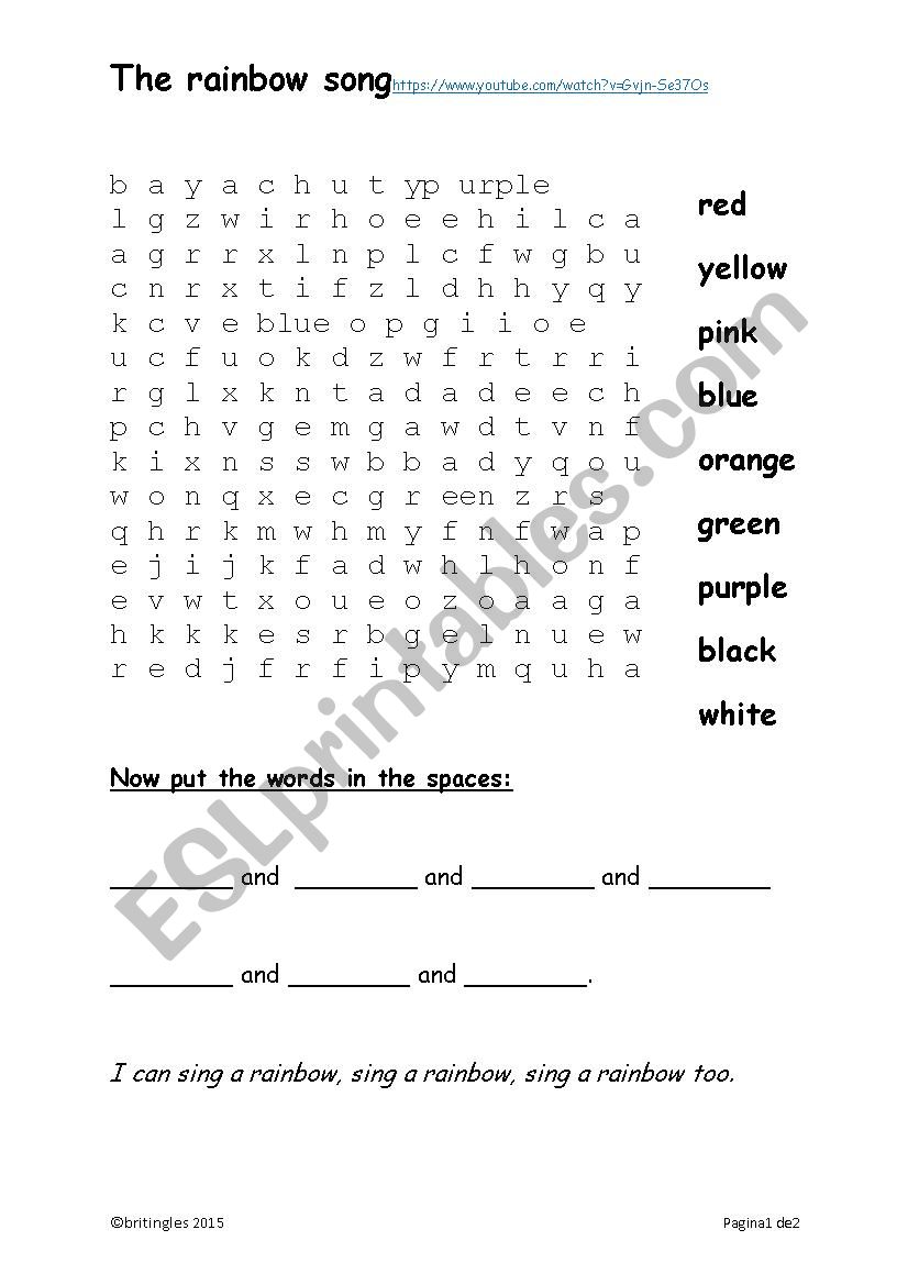 The Rainbow song worksheet