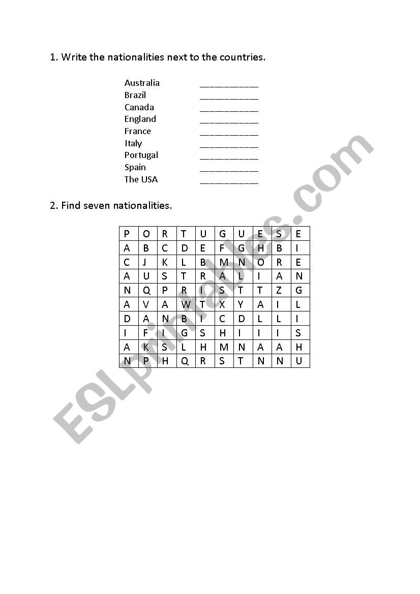 Countries and Nationalities worksheet