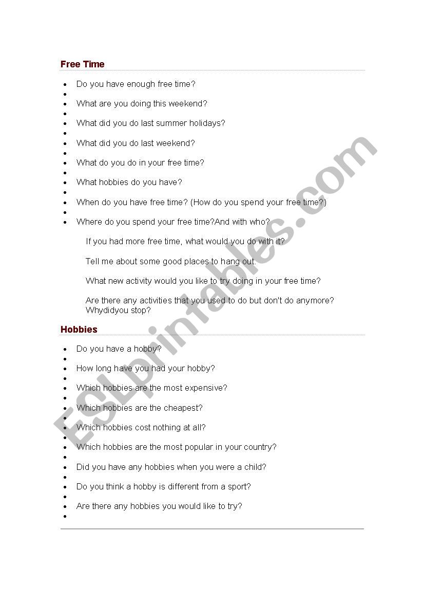 questions about free time worksheet