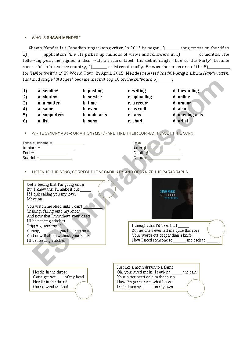 Shawn Mendes Â´StitchesÂ´ worksheet
