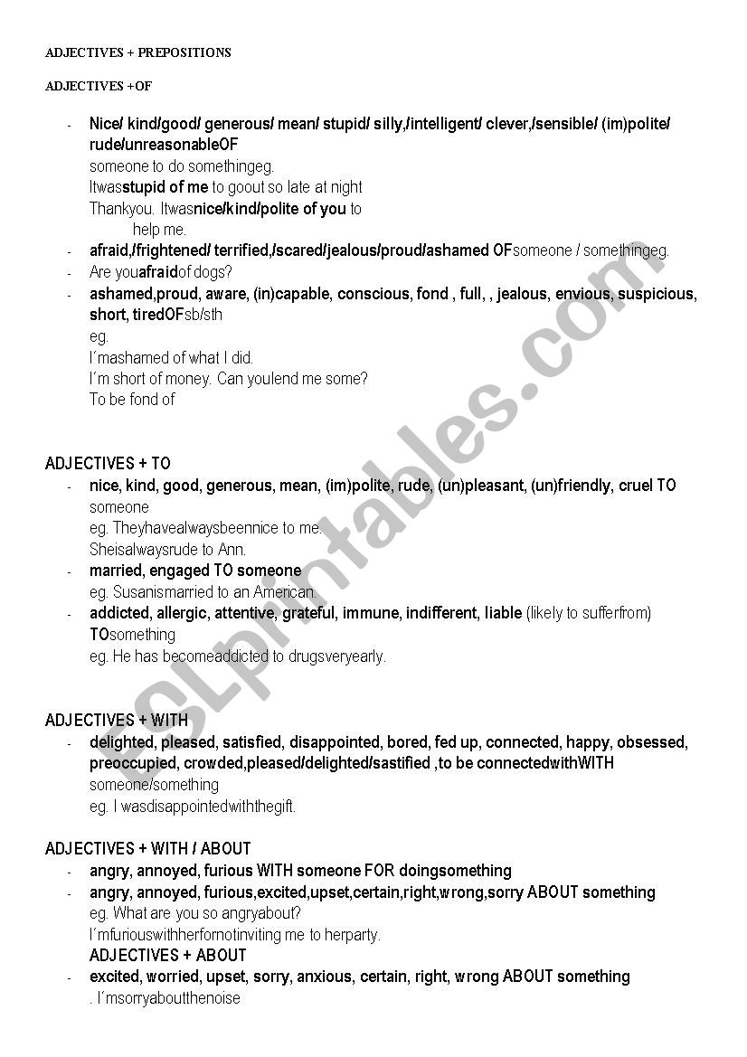 adjective+ preposition  worksheet