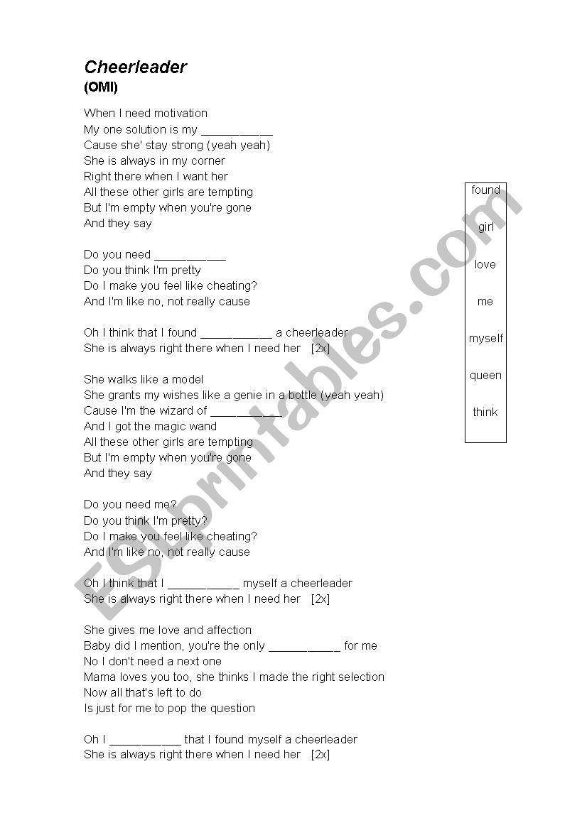 Song - Cheerleader worksheet