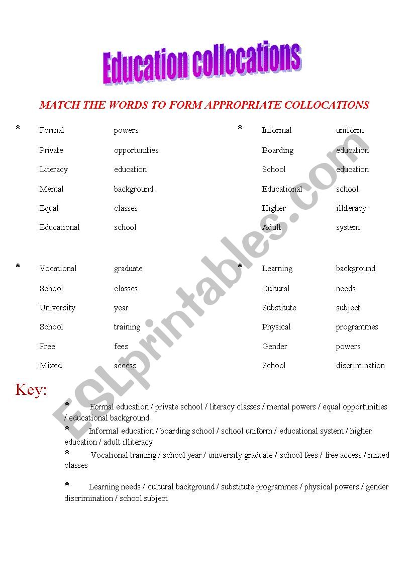 education collocations worksheet