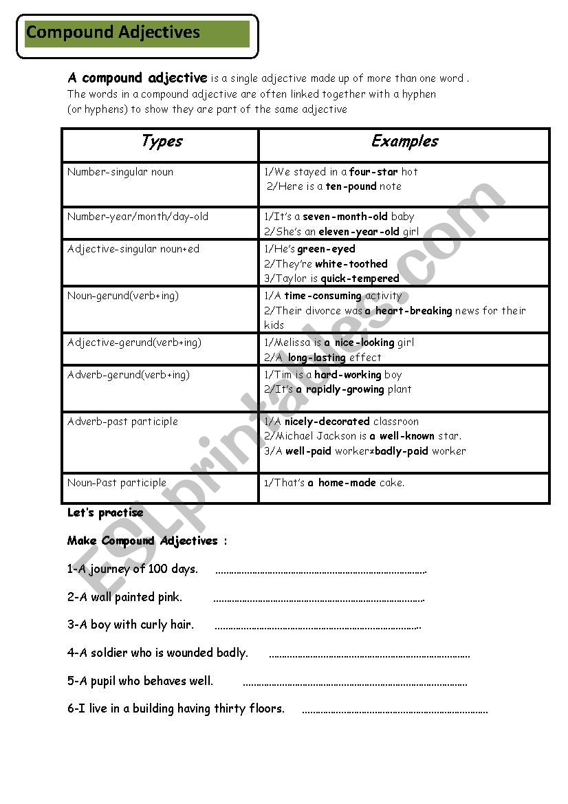 compound adjectives worksheet worksheet