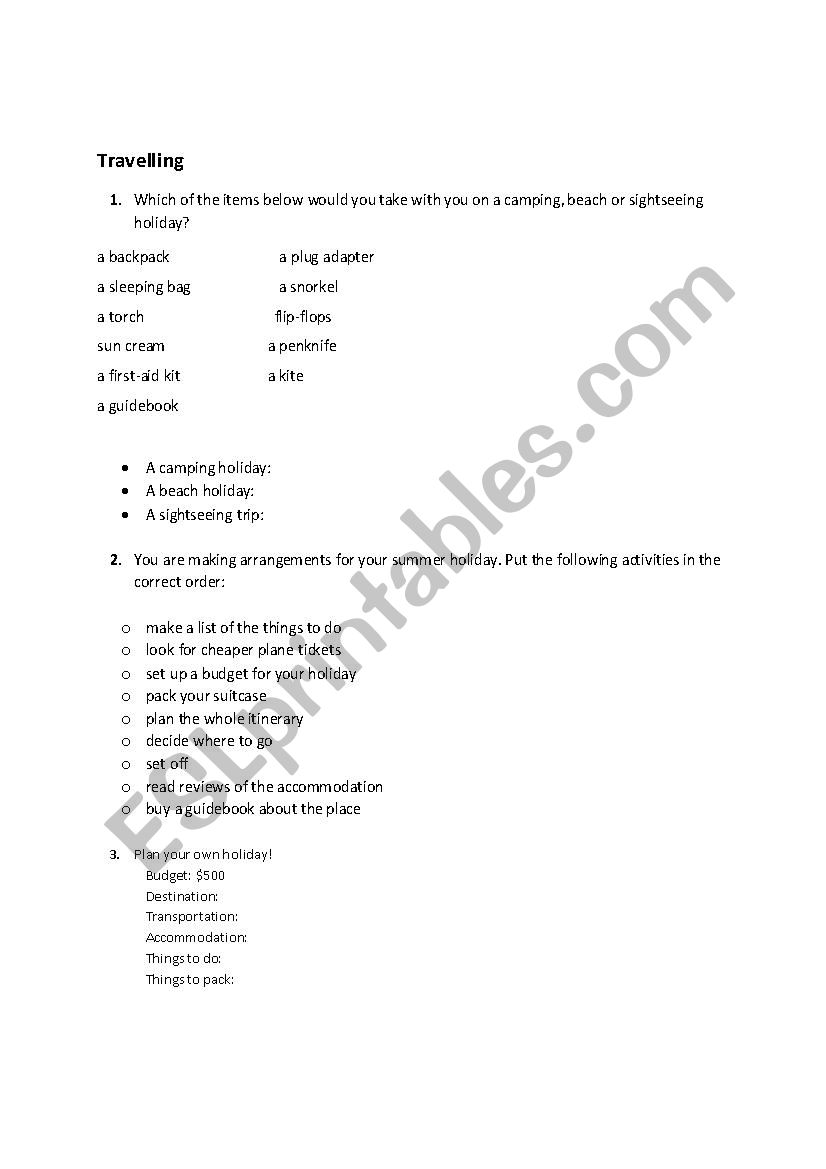 Travelling worksheet