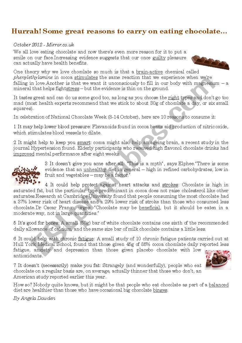 Reasons to eat chocolate worksheet