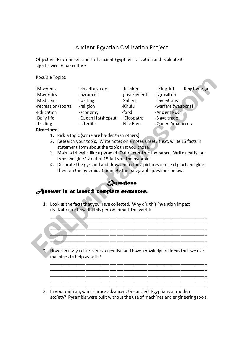 Ancient Egypt Project worksheet