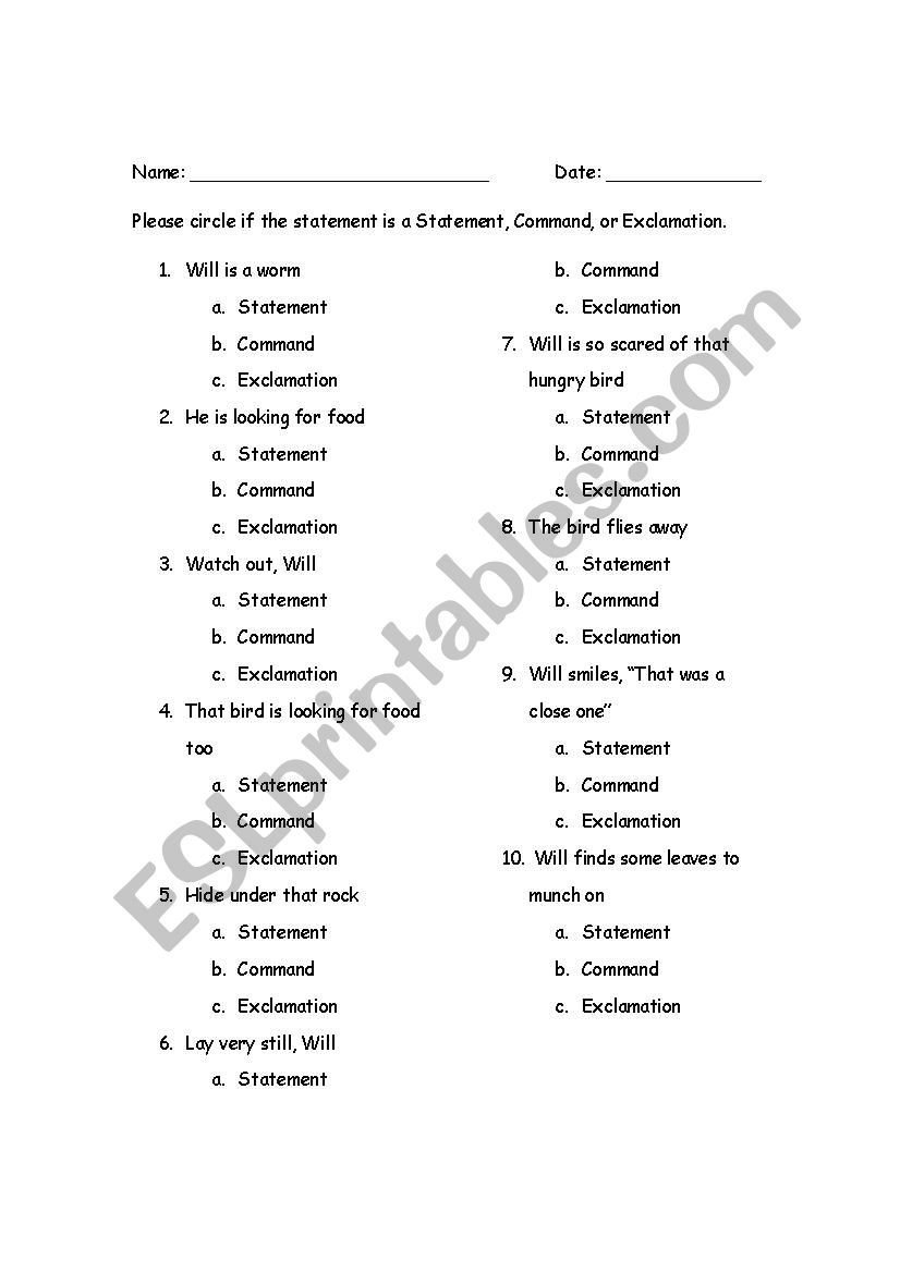 Printable Types Of Sentences Statement Question Command Exclamation Worksheets